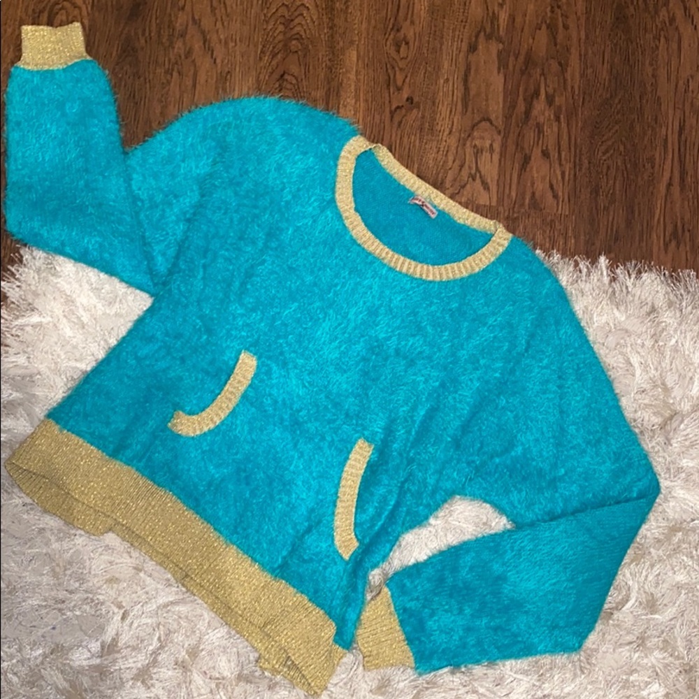 JUICY COUTURE blue sparkly gold fuzzy sweater